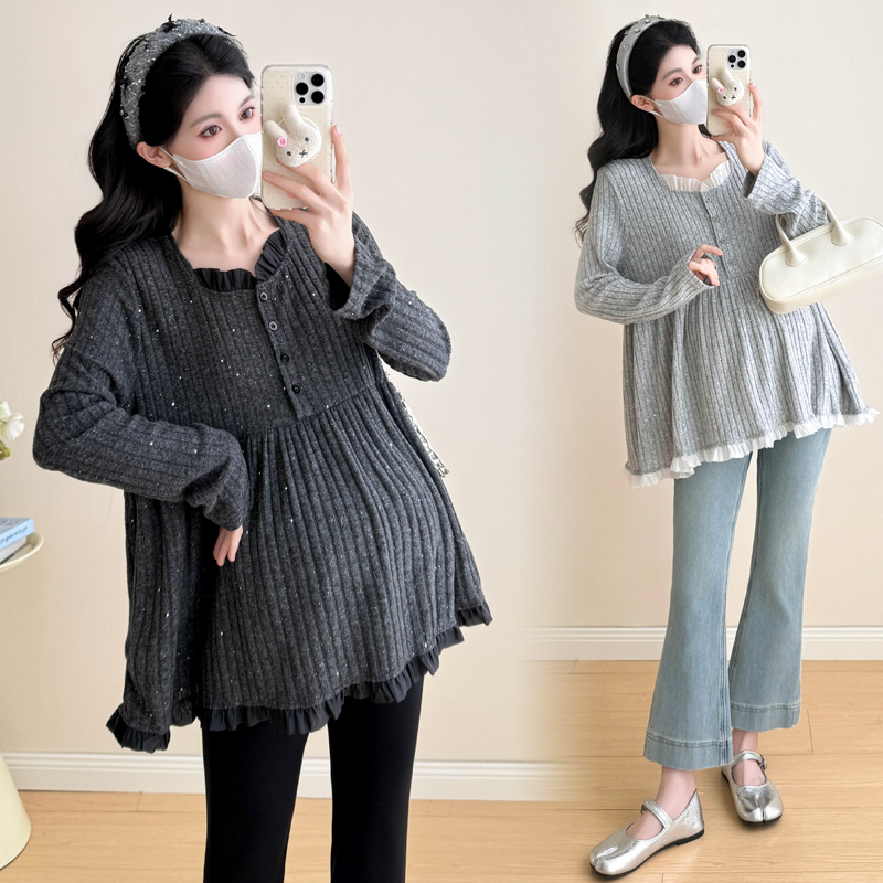 Plus-Size Maternity Sweatshirt, Spring 2026 New Trendy Mom Knit Top, Elastic Belly-Covering Babydoll Shirt Top 100kg