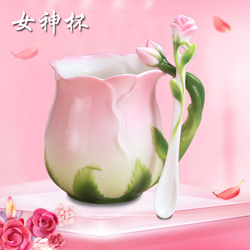 Girly Cup, Creative Flower Ceramic Cup, Bone China Coffee Cup, Cute Pink Flower Tea Cup, Rose English-Style Mug