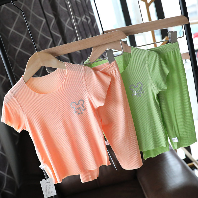 Children's modal seamless pajama pants set summer thin section seven-point long-sleeved baby home clothes boys and girls baby cotton