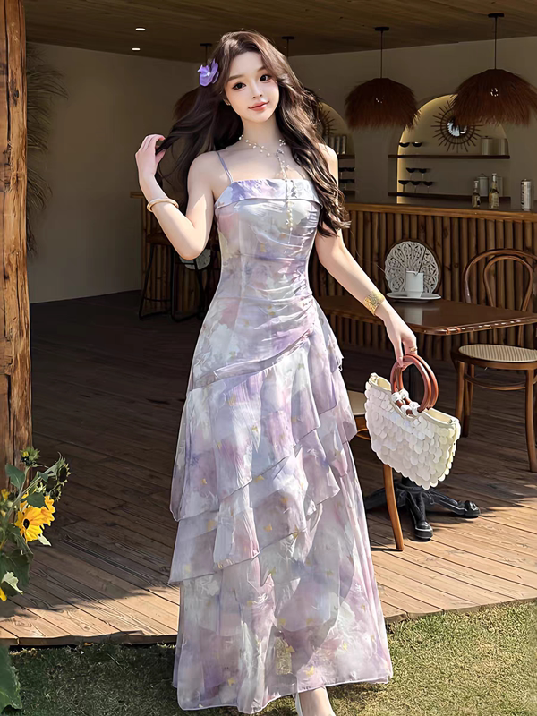 French Resort Style Purple Gradient Dress for Women, Summer 2026 New Style, Waist-Cinching, Slimming, Elegant Spaghetti Strap Long Dress