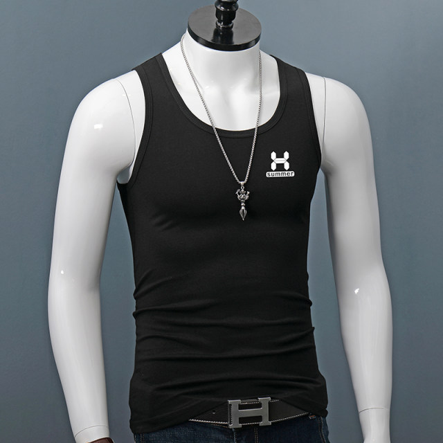 Summer broad shoulder vest men's hurdle slim fit sports sleeveless outer sweatshirt pure cotton printed fitness casual bottoming