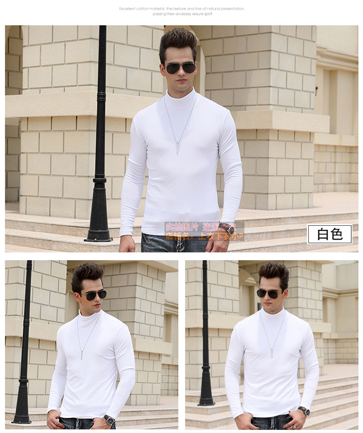 Áo thun mới tay dài nam nửa cổ cao chạm đáy áo cotton màu rắn trẻ trung phần dài phiên bản Hàn Quốc của mùa thu Slim áo phông trắng nam