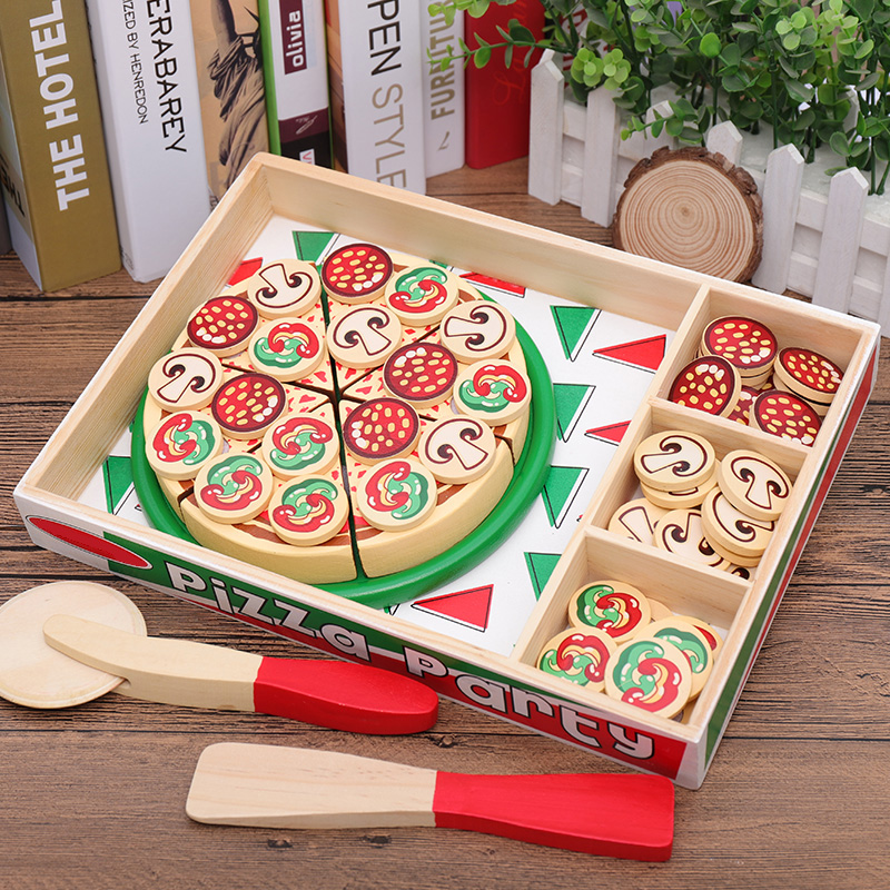 Wooden house wine simulation pizza toy kitchen set Cut fruit 3-4-5 years old baby Children male and female children