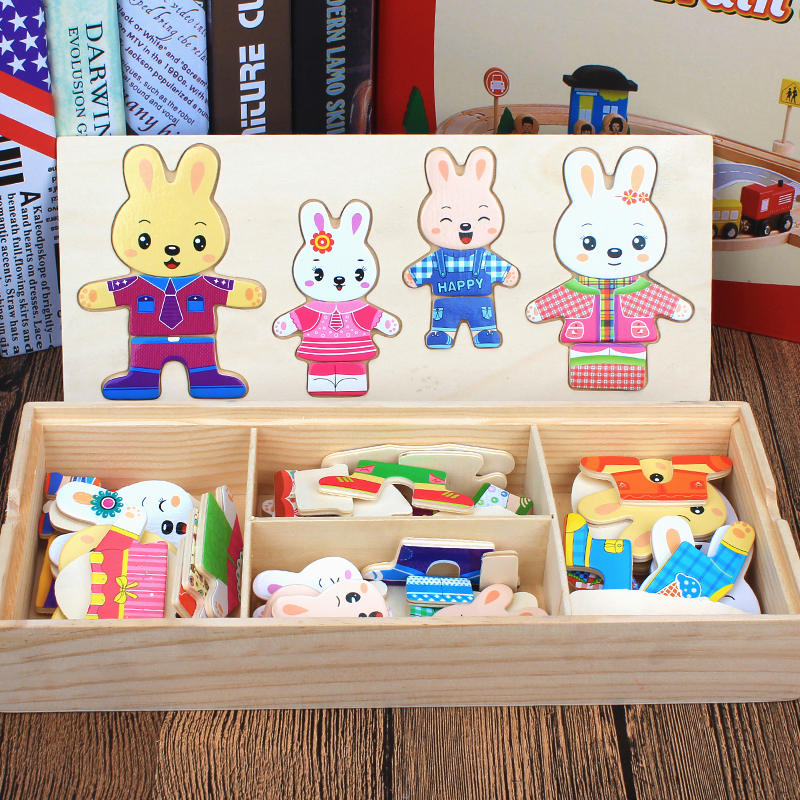 Wooden baby children bear change clothes boys and girls baby educational three-dimensional puzzle building blocks toys 1-2-3-4 years old