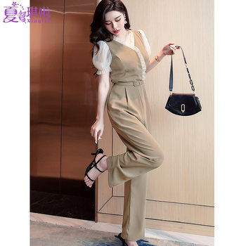 Women's high-end jumpsuit fashion temperament thin section high waist slim wide-leg pants suit long jumpsuit female summer