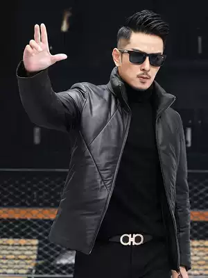 Leather down jacket men's sheep leather jacket short stand collar slim body Haining winter plus velvet padded leather jacket tide