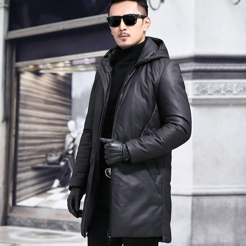 Henning genuine leather down clothes men's medium long version with hat sheep leather windsuit plus suede thickened winter leather grass coat jacket