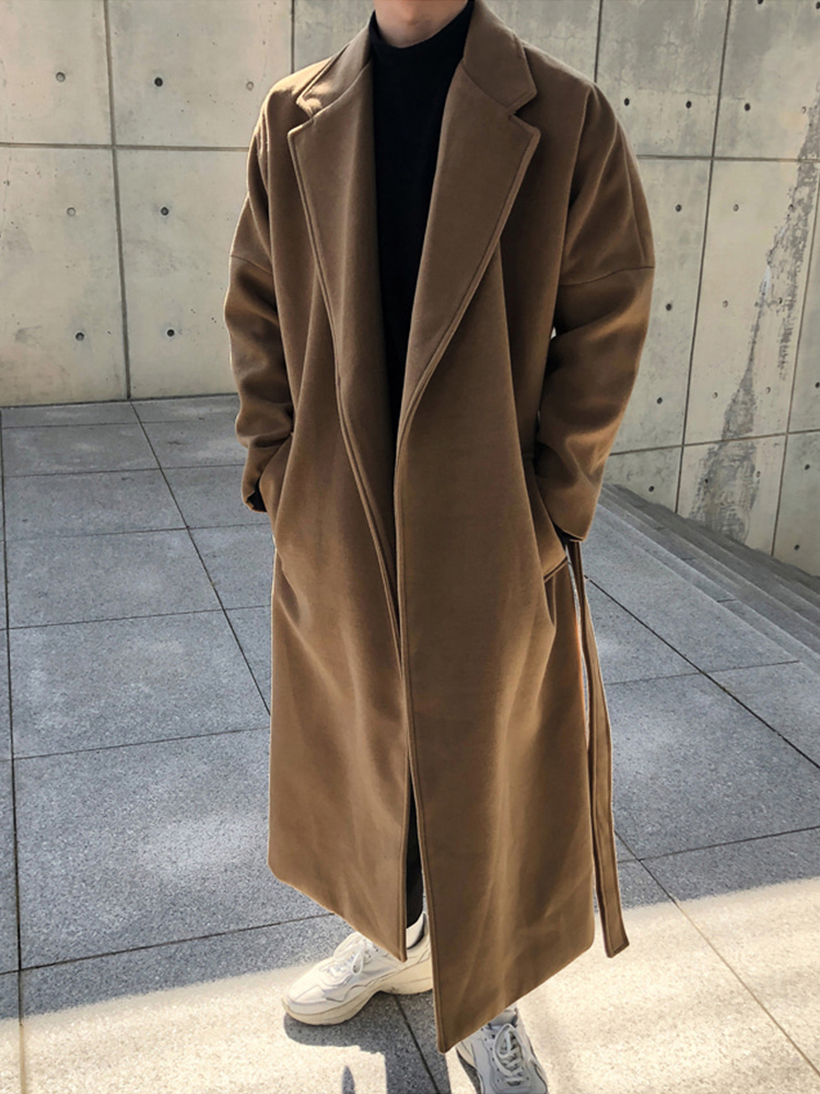 Winter new wool coat men's thickened Korean version loose over the knee trench coat medium and long version warm coat tide