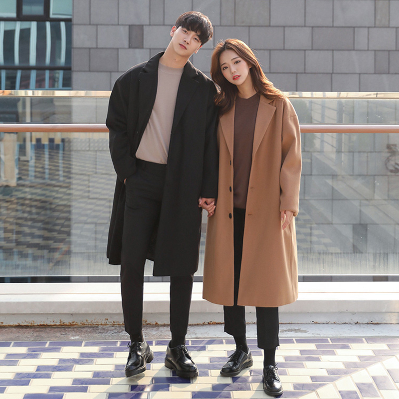Spring tweed coat men's medium and long version of windbreaker Korean version loose couple woolen coat men's autumn and winter thickened tide