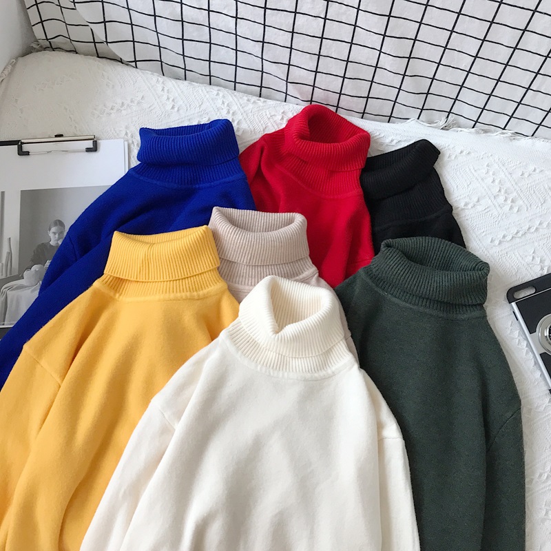 Korean version with long sleeves high neckline sweater male Chaodins Hong Kong wind loose Spring and autumn style jacket pure color beating undershirt-Taobao