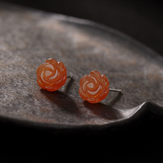 Серьги 正品天然南红玛瑙玫瑰花耳钉s925纯银耳环玉石耳坠简约气质耳饰女