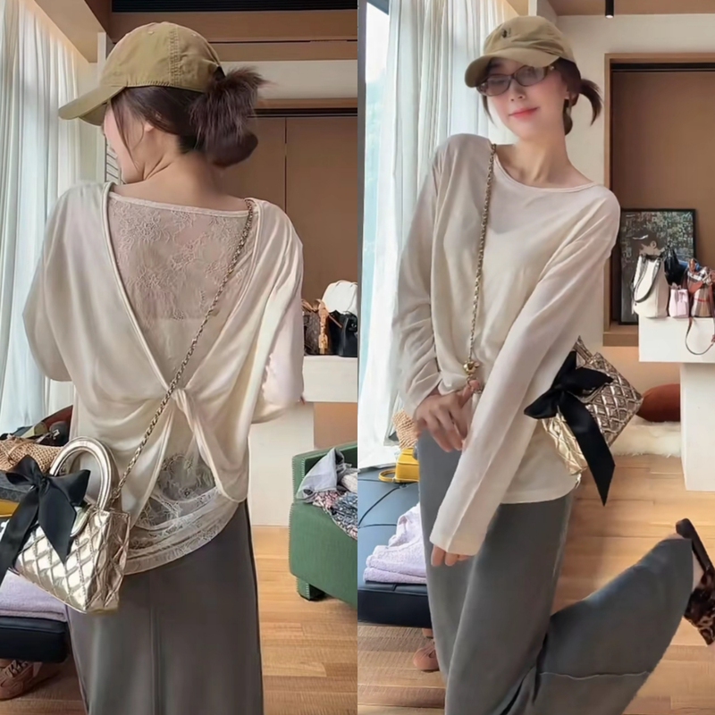 Korean Style Backless Lace Patchwork Long-Sleeve Sun Protection T-Shirt for Women, Summer Trendy Versatile Casual Thin Top Korean Style Backless Lace Patchwork Long-Sleeve Sun Protection T-Shirt for Women, Summer Trendy Versatile Casual Thin Top