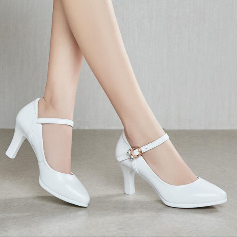 Model Runway High Heels with a Single Buckle, Solid Color, Formal Genuine Leather, Chunky Heel, Cheongsam Show Performance, White Pointed-Toe Women's Shoes