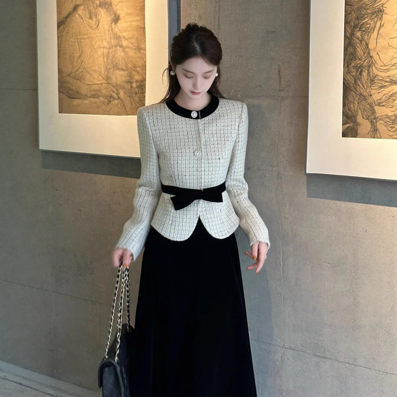 Plus Size Women's Tweed-Style Jacket and Skirt Two-Piece Set 2025 Fashionable Socialite Top and Dress Set for Chubby Women