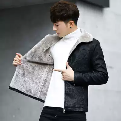 Leather and wool coat men's winter lamb velvet men's leather plus velvet padded leather jacket youth handsome jacket