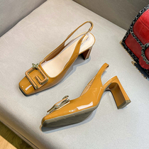 Uncle MJ square toe retro sandals for women summer new style metal buckle patent leather fashion versatile back hollow high heels