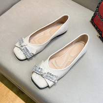 Uncle MJ Rhinestone Bow Shoes for Women New Patent Leather Sweet Fashion Versatile Square Toe Flat Shoes