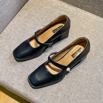 Square head shallow mouth lined with women 2021 Summer new fashion 100 Lapped Retro Rough Heels with Mary Jane