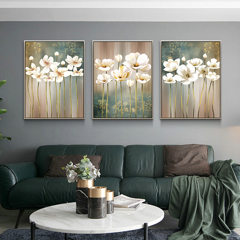 American oil painting sofa background simple and beautiful living room decorative painting flower triptych hand-painted mural gold foil light luxury hanging painting