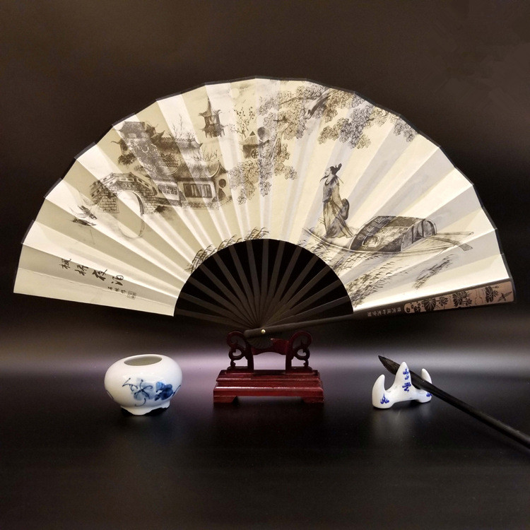 10 inch Chinese classical handmade folding silk cloth bamboo fan male style retro style daily carry-on sound performance props