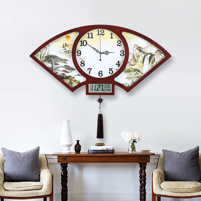 New Chinese sector hanging clock Living room Wall mute clock China Wind fashion Home Calendar watches and watches Atmosphere perpetual calendar