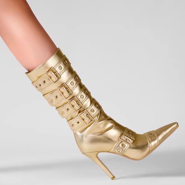 Jr Pointed Toe Stiletto High Heels with Belt Buckle, Women's Military Punk High-Heeled Mid-Calf Boots with Multi-Buckle Design Fashion Boots