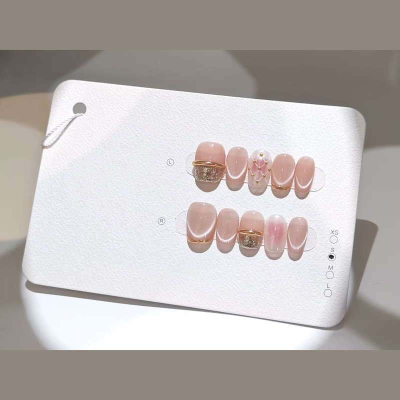 Purely Handmade Wearable Nails in Pink Color, Short Square Round Crescent Cat Eye Manicure, Removable Nail Pieces for Women, High Quality