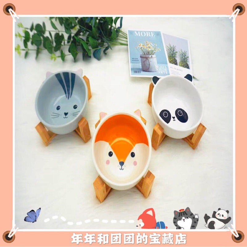 Ceramic cat bowl net red binaural cartoon pet bowl bamboo wood frame drinking bowl cat food bowl anti-overturning cat bowl dog bowl