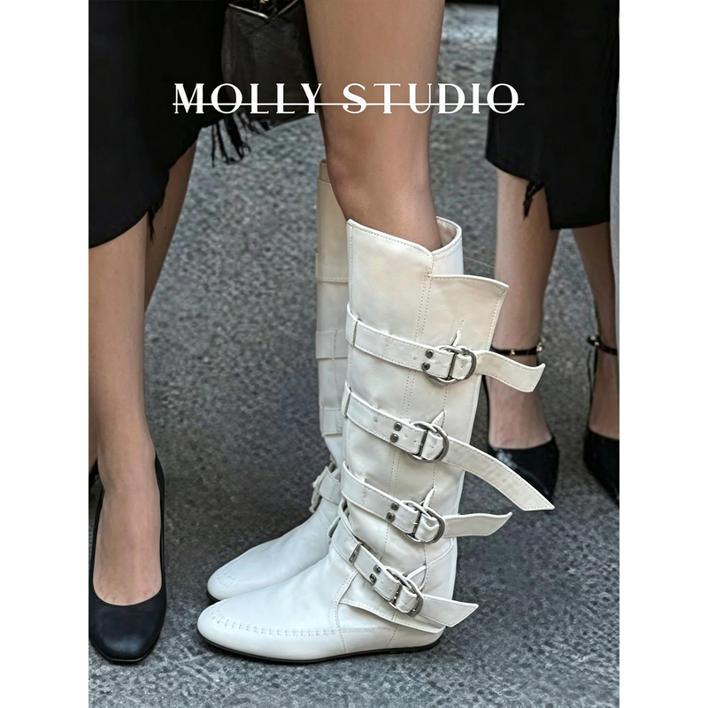 Jennie Style~ Retro Belt Buckle White Boxing Boots for Women, Slimming High-Top Riding Boots, Western Cowboy Long Boots Jennie Style~ Retro Belt Buckle White Boxing Boots for Women, Slimming High-Top Riding Boots, Western Cowboy Long Boots
