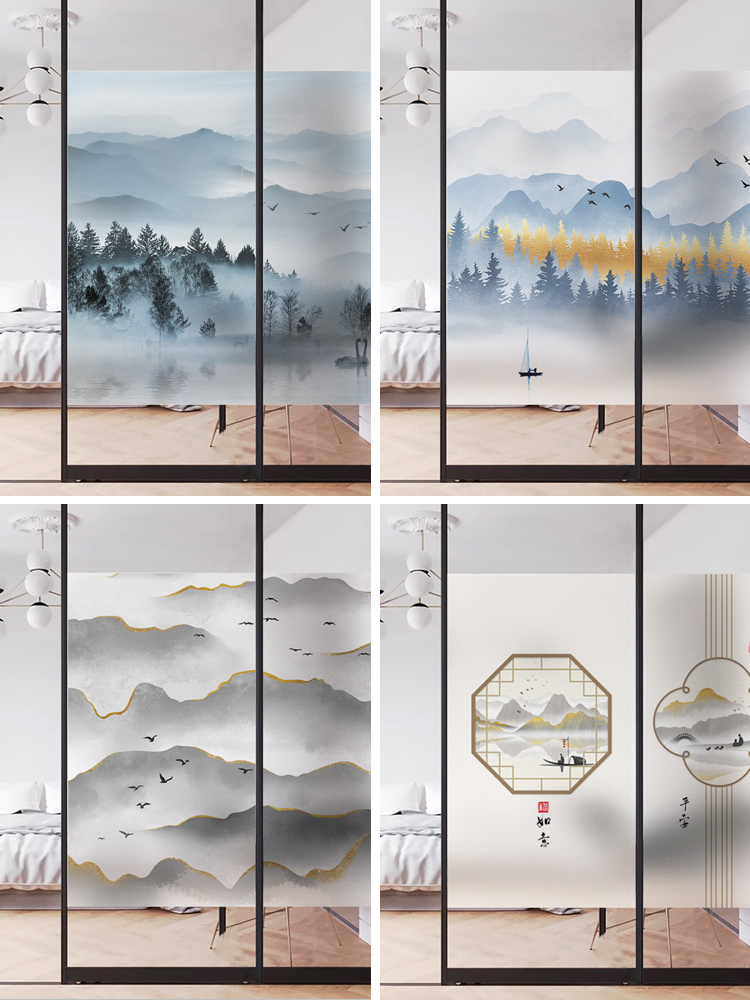 Frosted Glass Stickers Windows Privacy Electrostatic Film Glass Bathroom Ramen Sticker Anti-Peep Window Sticker Chinese Landscape