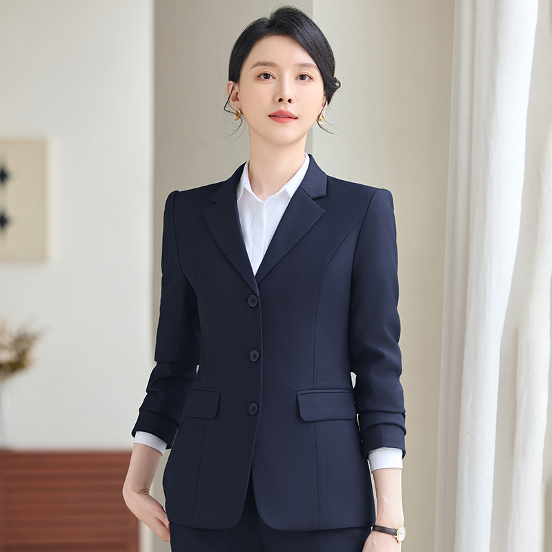 Spring and Autumn Long-Sleeved Suit Set for Women, Three-Button Navy Blue Blazer, New Style Professional Attire, Workwear, Business Uniform