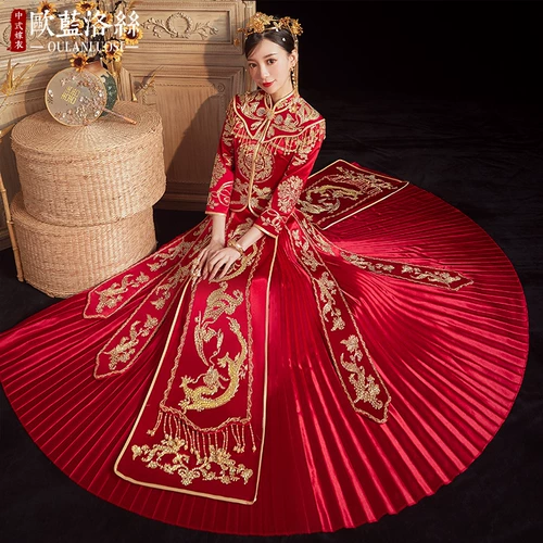 Традиционный свадебный наряд Сюхэ, осеннее свадебное платье, приталенное вечернее платье, коллекция 2021, осенний, дракон и феникс