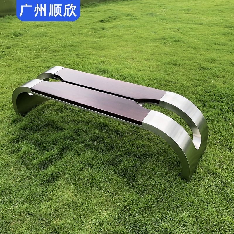 Creative solid wood stainless steel park chair long strip outdoor metal stool Indoor leisure bench Finished landscape seat