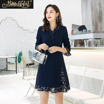 连衣裙春季2018新款女韩版修身系带长袖假两