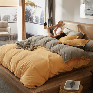 Japanese-Style Minimalist Solid Color 60-Count Pure Cotton Brushed Four-Piece Set, Thickened for Warmth, High-End Feel, Color-Blocking Bed Sheet and Duvet Cover Bedding Set