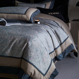 Light Luxury and High-End Feel, 100S Pure Cotton Satin Long-Staple Cotton Four-Piece Set, Vintage Print Duvet Cover, Master Bedroom Bedding for Sleeping Naked