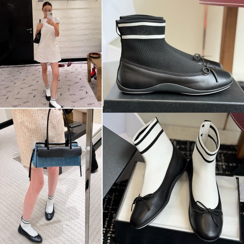 Chanel-Style 26B Knitted Elastic Boots for Women, Flat Retro College Style Sock Boots with Color-Blocking and Bowknot Ballet Shoes Chanel-Style 26B Knitted Elastic Boots for Women, Flat Retro College Style Sock Boots with Color-Blocking and Bowknot Ballet Shoes