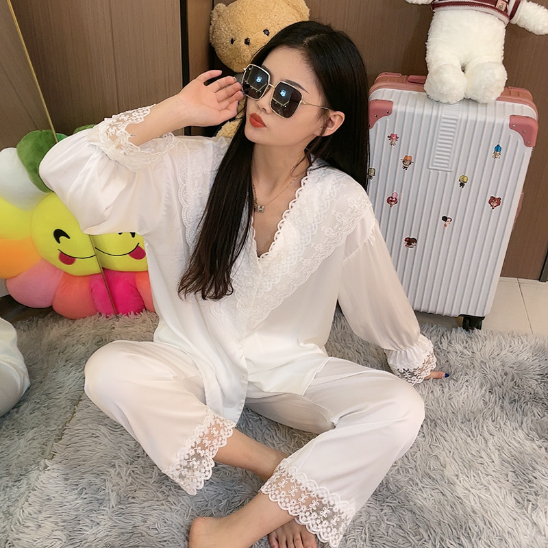Sexy pajamas woman summer pure color lace 2022 Spring and Autumn New V - collar sleeve pants home suit