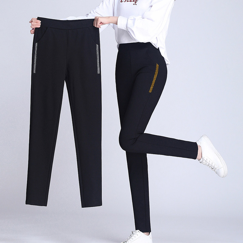 Sports pants women's spring and summer 2022 new elastic waist high waist large size women's pants black slim casual trousers