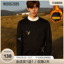  WOOG2005 embroidered black sweater mens 2021 winter pullover trend warm round neck plus velvet thick sweater