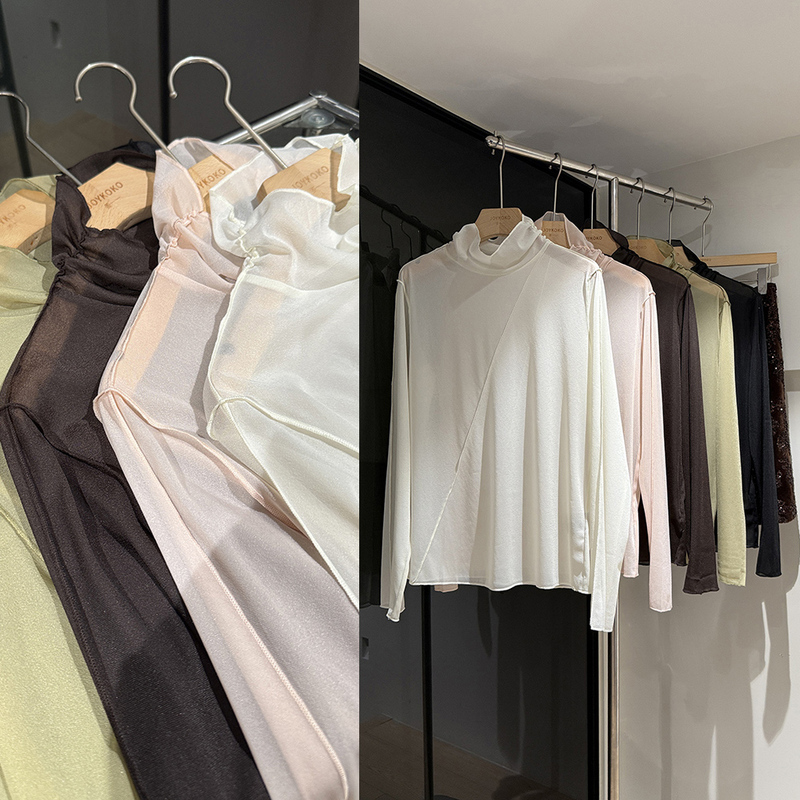 Layering Companion: Very Sturdy, Diagonal Seam, Small Pile Collar, Stand-Up Collar, Ultra-Thin, See-Through Long-Sleeve Mesh T-Shirt Base Layer