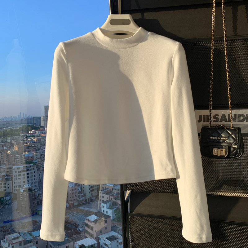 Half-Turtleneck Long-Sleeve T-Shirt for Women, New Autumn and Winter Style, Thickened and Fleece-Lined, Simple Inner Layer, Slim Fit, Flattering Top