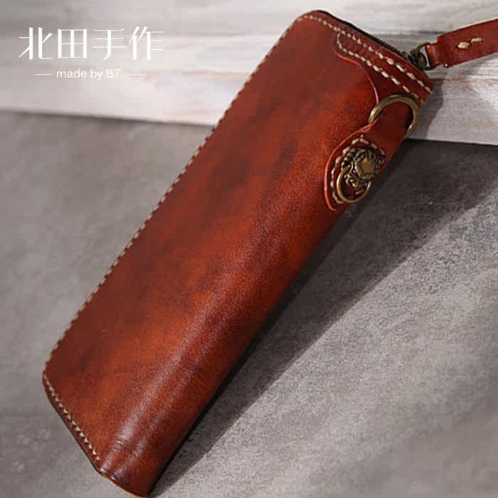 原创纯手工擦色复古 雪狮经文钱包男长款 植鞣牛皮拉链真皮手拿包