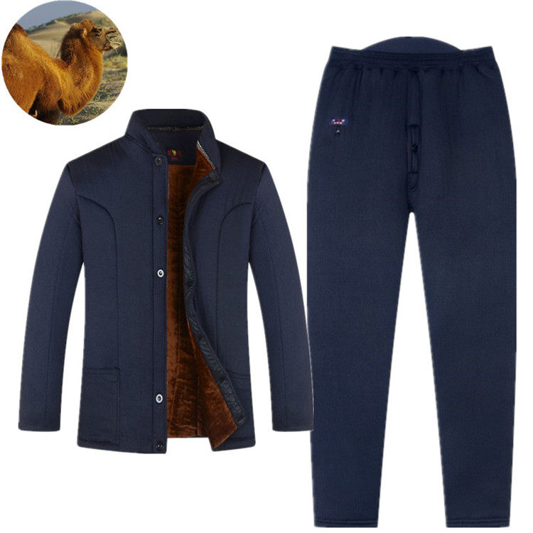 Winter middle-aged and elderly cotton-padded men's plus velvet thick camel hair padded jacket dad cotton pants elderly winter padded suits to keep warm