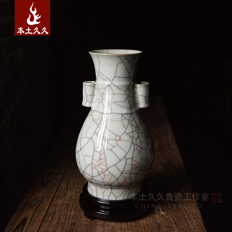 Jin Yirui pure handmade ear bottle Longquan celadon gold wire large flower pot potential collection of Ge kiln ornaments