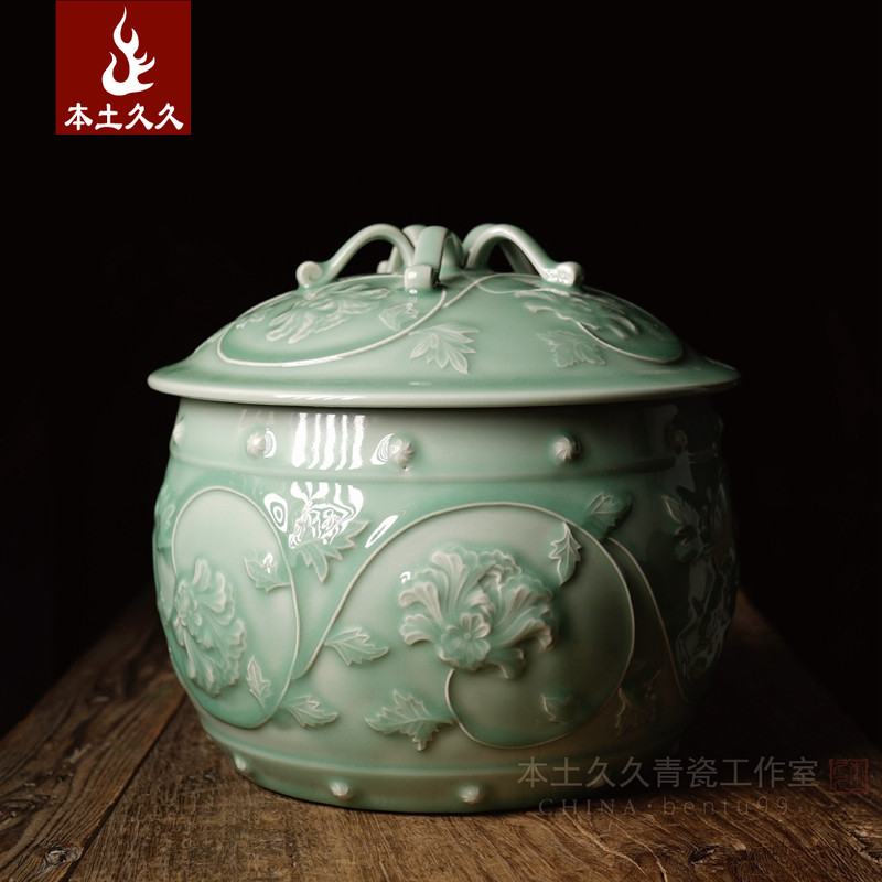 Jin Yirui handmade lid pot Longquan celadon ceramics collection living room decoration tea pot large peony lid pot
