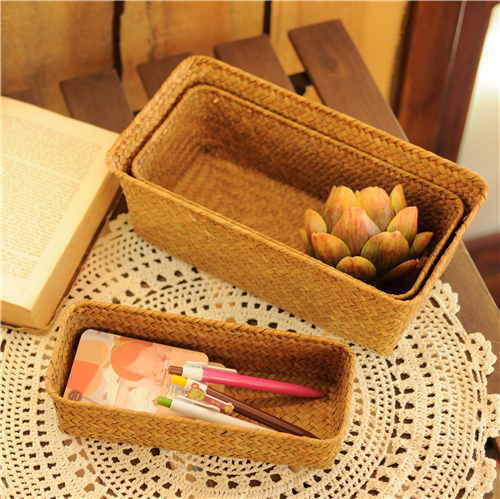 Straw bamboo storage basket woven storage basket storage blue rattan small mini desktop wardrobe socks storage box