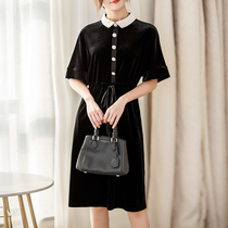 2020 autumn and winter black gold velvet dress womens baby collar mid-sleeve waist lace-up thin A-line skirt