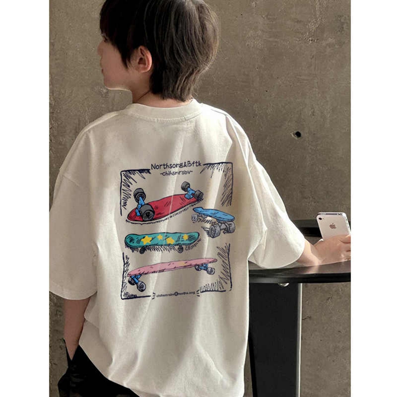Korean Street Style Cool Boy Short-Sleeve T-Shirt Summer Loose Pure Cotton Trendy Half-Sleeve Tee Boys' Top Korean Street Style Cool Boy Short-Sleeve T-Shirt Summer Loose Pure Cotton Trendy Half-Sleeve Tee Boys' Top