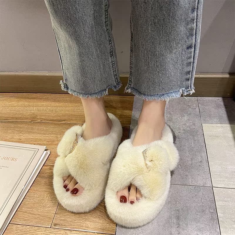 Japanese thick-bottomed cross-haired slippers for women's outer wear autumn and winter new all-match non-slip home net red cotton slippers
